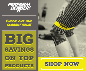 Person wearing a knee sleeve with text promoting fitness sale items