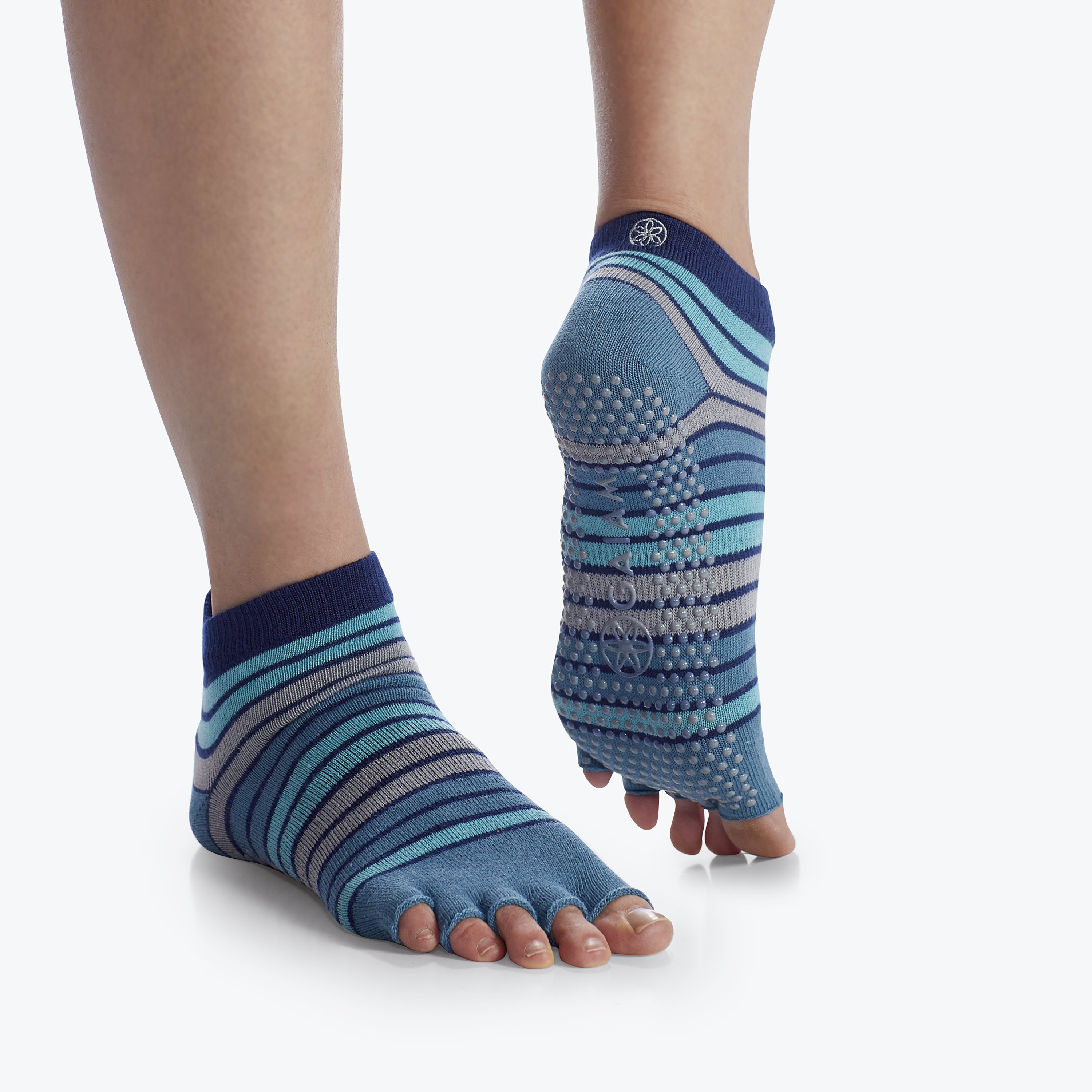 Blue striped grip yoga socks with open toes