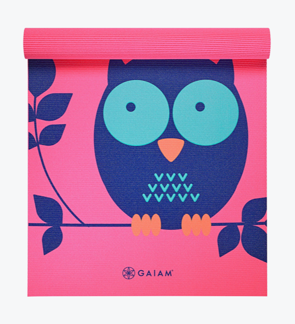 Pink children’s yoga mat with owl design