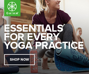 Woman stretching on a yoga mat with text promoting yoga essentials